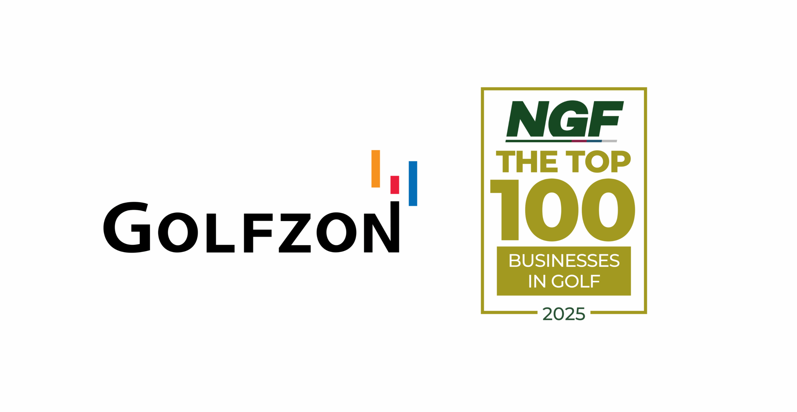 Golfplay Golfzon logo next to a badge reading "NGF The Top 100 Businesses in Golf 2025" on a white background, highlighting its leadership in Golf Simulator and Indoor Golf innovation. Indoor Golf