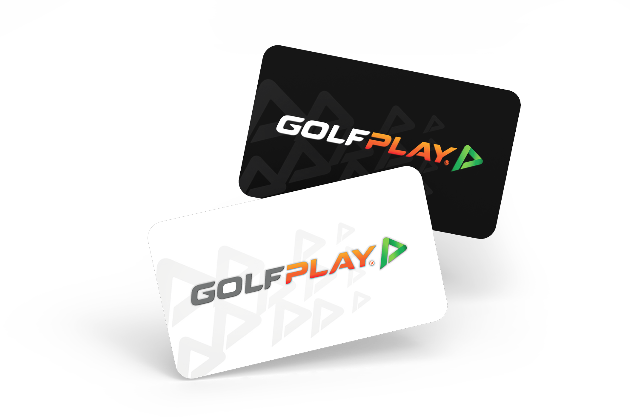 Golfplay Two business cards display the "GOLFPLAY" logo—one on black, one on white—each featuring a triangular play button graphic that reflects Golfplay’s modern approach to golf simulators and indoor golf experiences. Indoor Golf