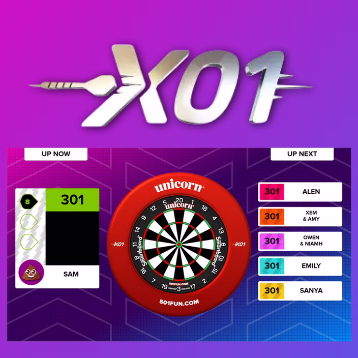 Golfplay A digital dartboard game interface displays player scores, with Sam currently scoring 301, alongside upcoming players and their scores—perfect for venues that also feature Indoor Golf or a Golf Simulator experience. Indoor Golf