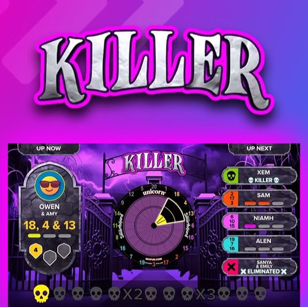 Golfplay A digital dart game screen labeled "Killer" shows player stats, a dartboard, and a list of competitors with icons indicating elimination status—perfect for Golfplay venues seeking engaging alternatives alongside Golf Simulator fun. Indoor Golf