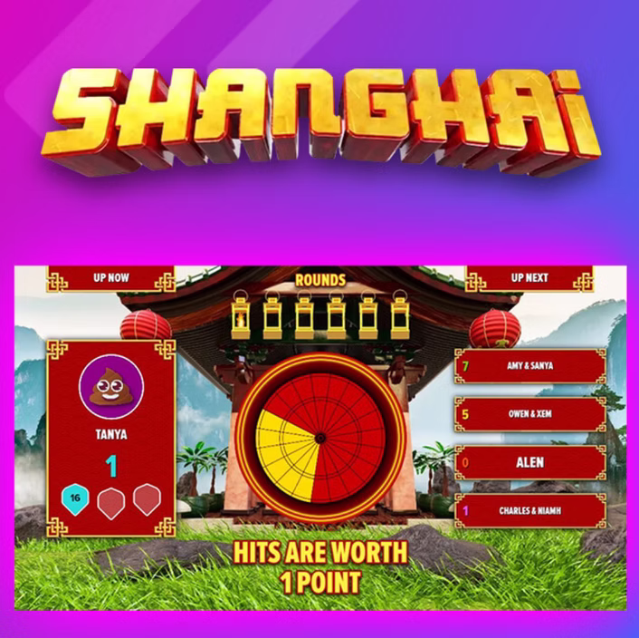 Golfplay Game interface for "Shanghai" features player Tanya with 1 point, a central target wheel, and upcoming players on the right—bringing the excitement of Golfplay to your screen. Text reads: "Hits are worth 1 point. Indoor Golf