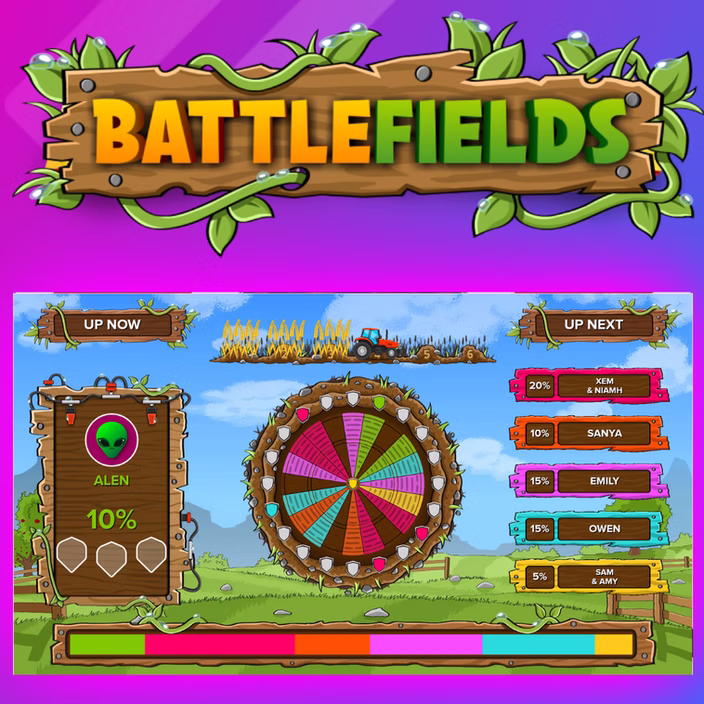 Golfplay A colorful game interface labeled "BATTLEFIELDS" features a spinning wheel, player scores, and a green alien with 10% progress—perfect for Golfplay fans seeking an arcade-style twist on classic indoor golf. Indoor Golf