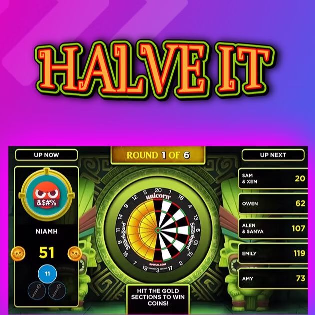 Golfplay Screenshot of a digital dart game called "Halve It," featuring a leaderboard, player scores, dartboard, and instructions to hit gold sections to win coins—perfect for fans of Golfplay and indoor golf simulations. Indoor Golf