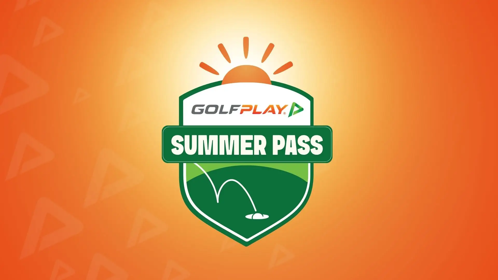 Golfplay A green and orange badge with a sun and golf graphic reads "GOLFPLAY SUMMER PASS" on a bright orange background. Indoor Golf