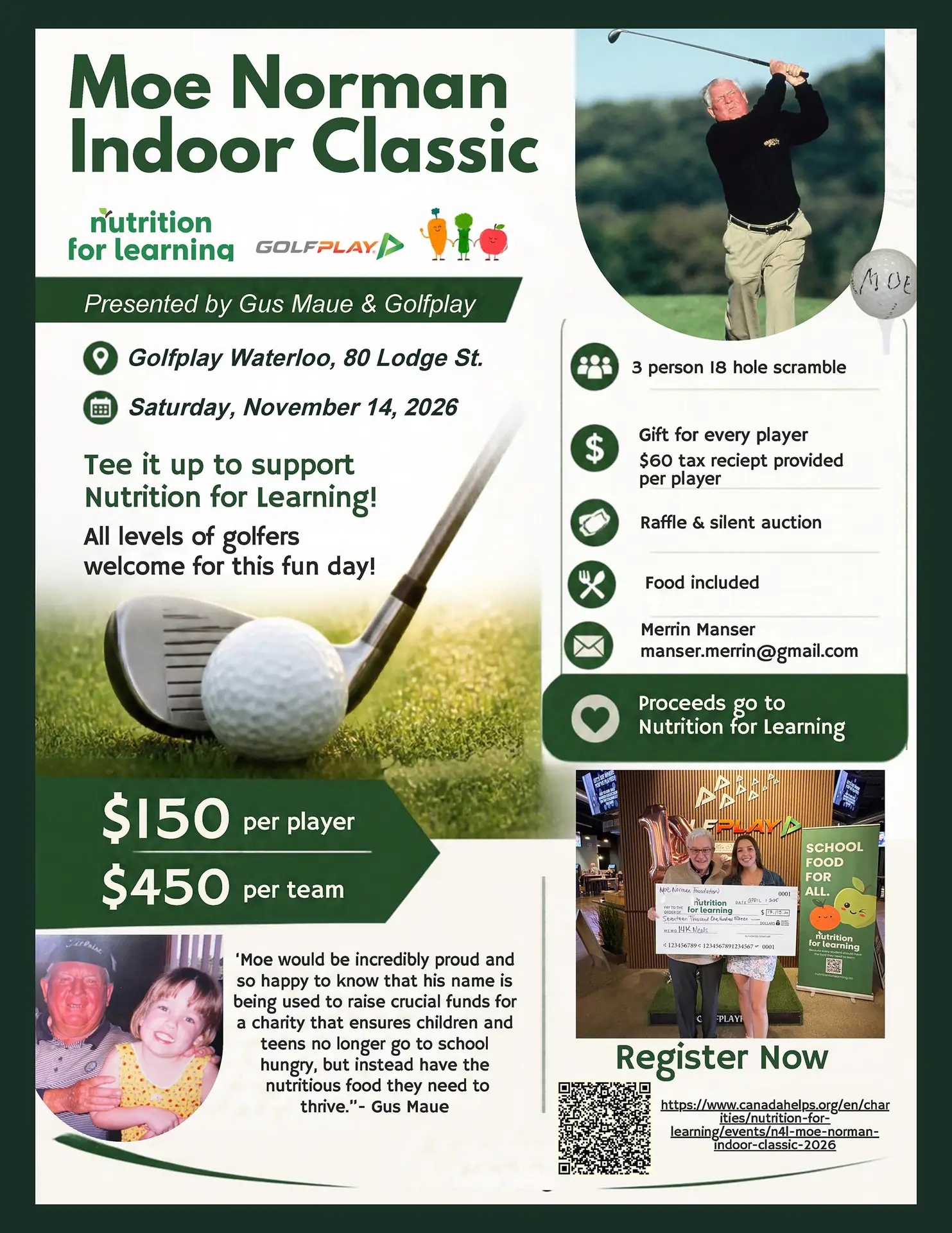 Golfplay Flyer for the Moe Norman Indoor Classic golf fundraiser on November 14, 2026, at Golfplay Waterloo, featuring event details, pricing, and registration information. Indoor Golf
